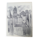 Uzerche, original charcoal drawing by Jean Villette (1913-2005)