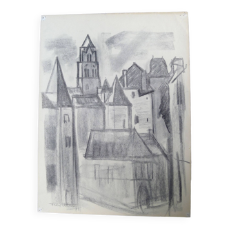 Uzerche, dessin original au fusain par Jean Villette (1913-2005)