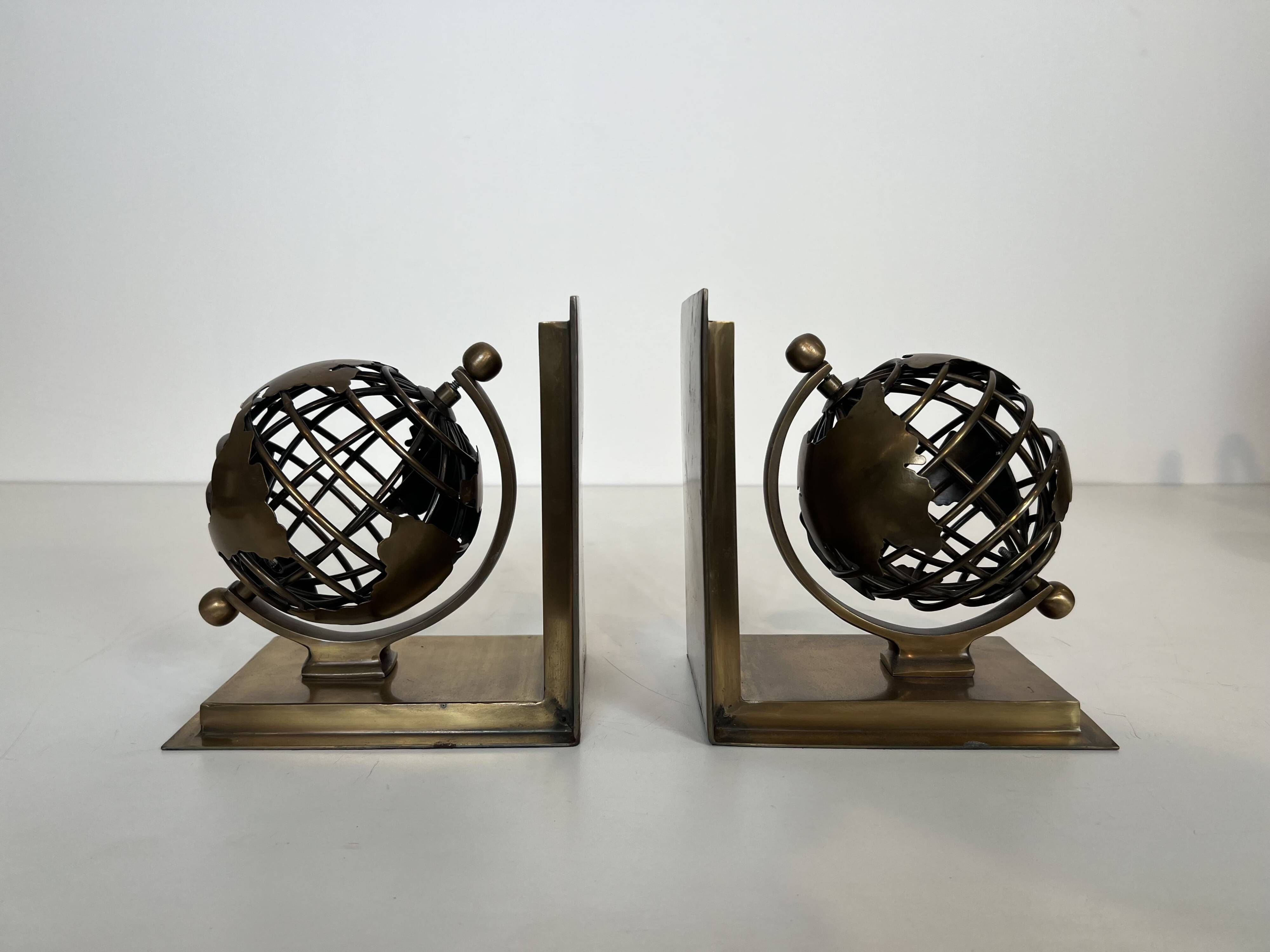 Pair of Brass Bookends with Openwork Globe Decorations. Work