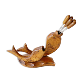 Vintage wooden cocktail forks set - fish, midcentury barware