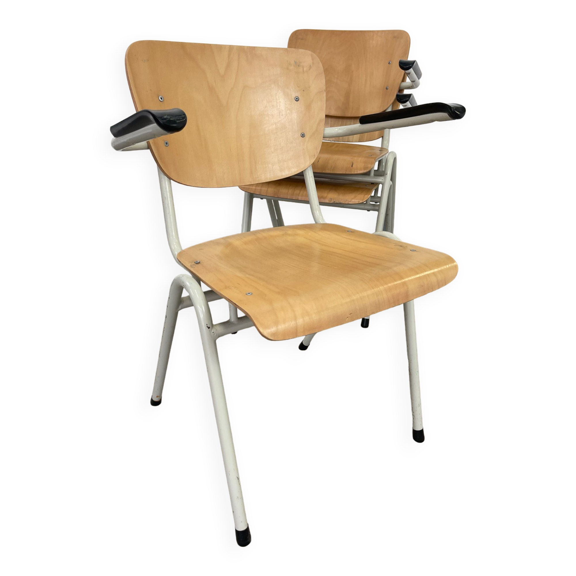 Set of 3 school armchairs light wood white steel 1980s Netherlands