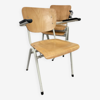 Lot de 3 fauteuils d’école bois clair acier blanc années 80 Pays-Bas