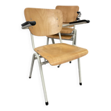 Set of 3 school armchairs light wood white steel 1980s Netherlands