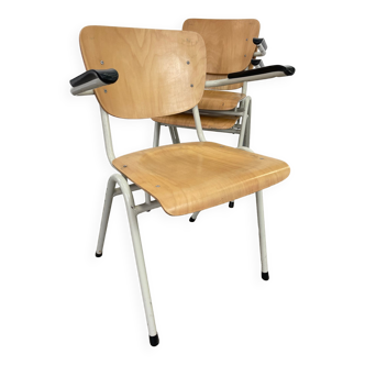 Set of 3 school armchairs light wood white steel 1980s Netherlands