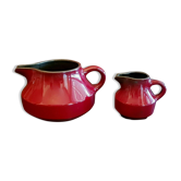 Teapot and milk jar in burgundy red ceramic