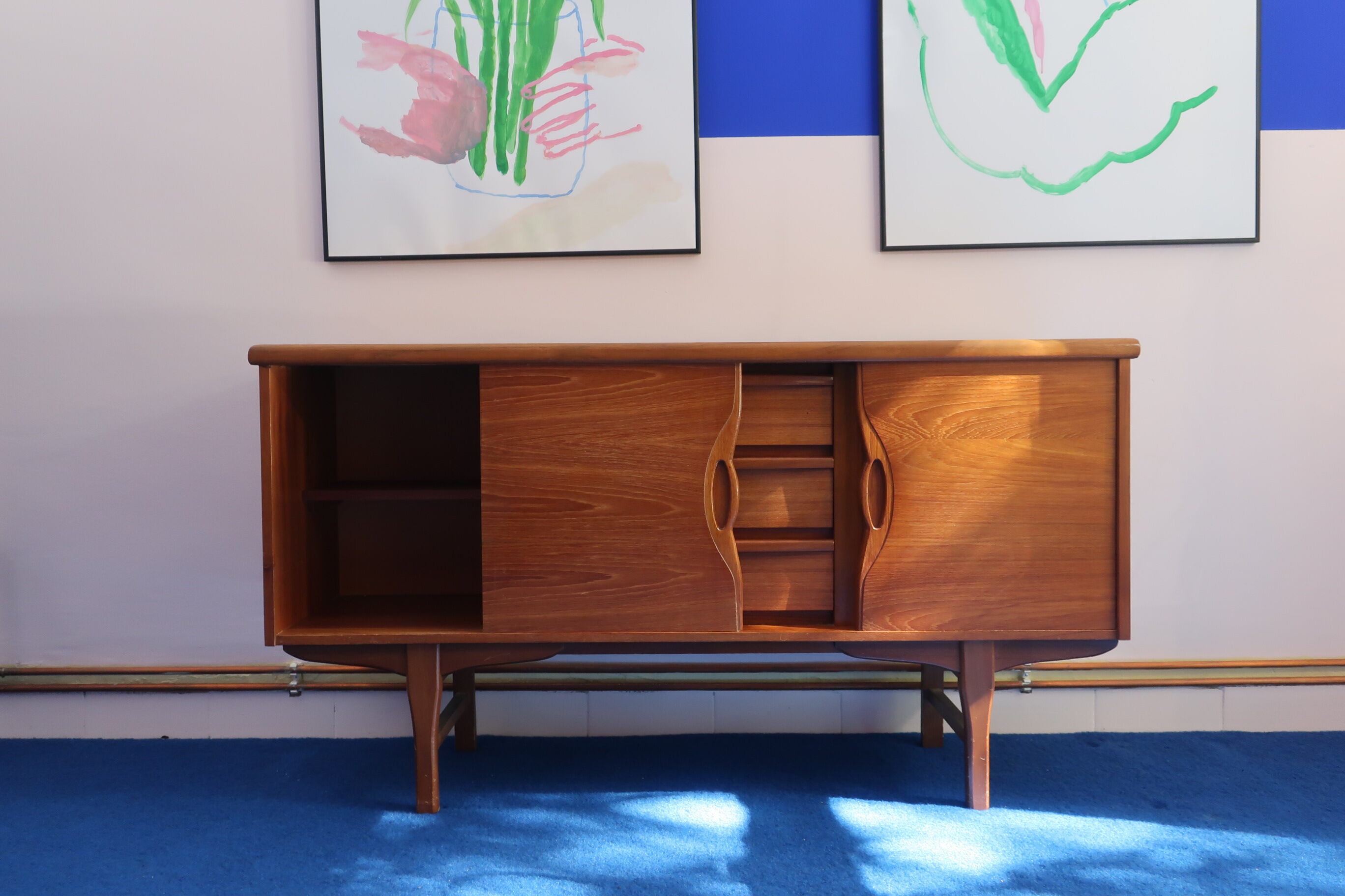 60s teak row, two sliding doors