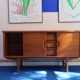 60s teak row, two sliding doors