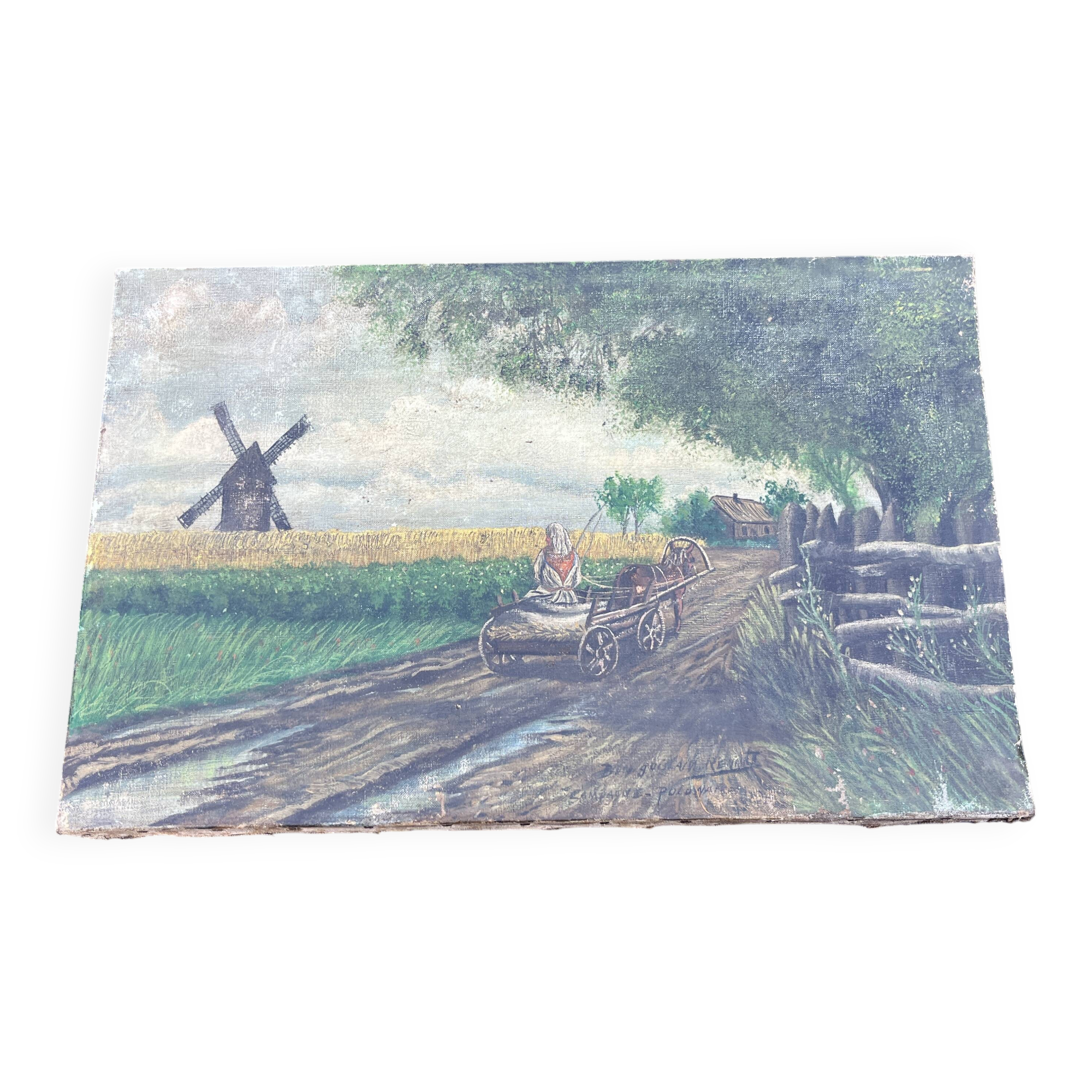 Antique Polish painting signed - rural scene with mill