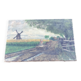 Tableau ancien polonais signé– scène rurale avec moulin