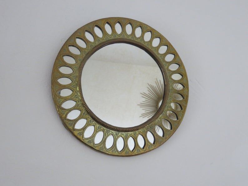 Old round mirror, ethnic, Moroccan, oriental, round brass 70s