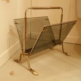 Porte-revues vintage en métal et verre fumé