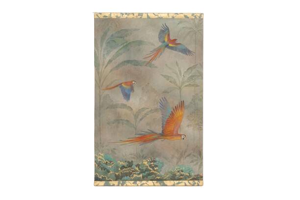 Painted canvas featuring parrots in a tropical forest. Contemporary.