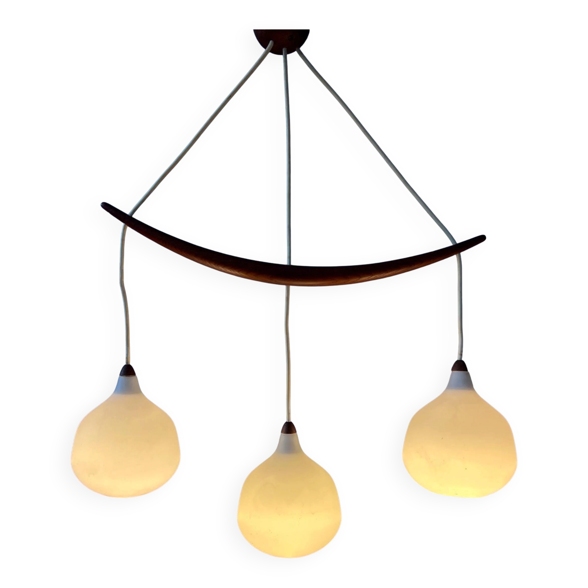 Teak wood and opaline glass chandelier 512 by Uno & Östen Kristiansson for Luxus, Sweden