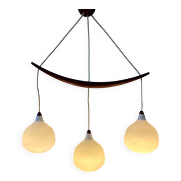 Teak wood and opaline glass chandelier 512 by Uno & Östen Kristiansson for Luxus, Sweden
