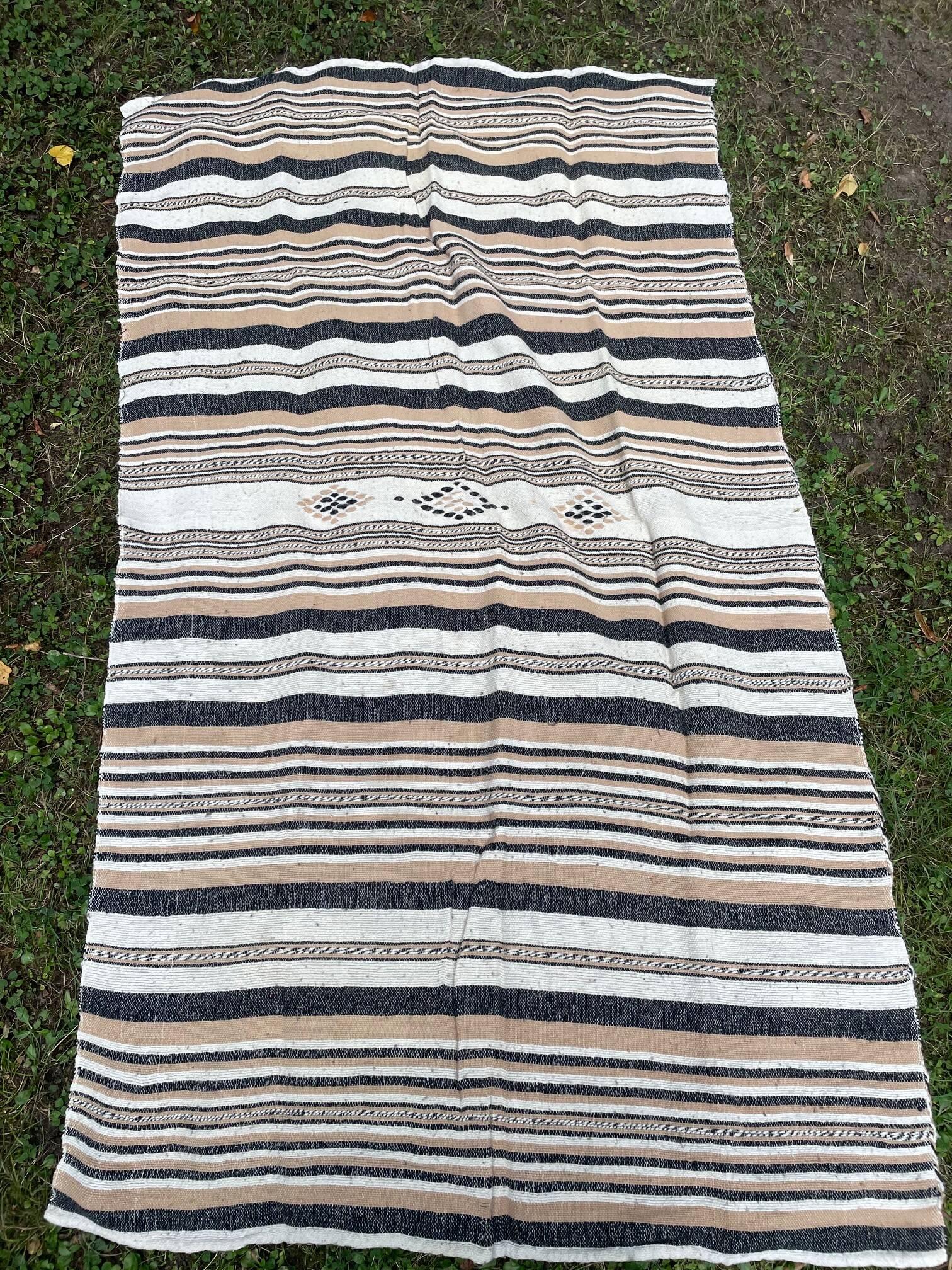 Algerian striped wool blanket or sofa cover with central motif