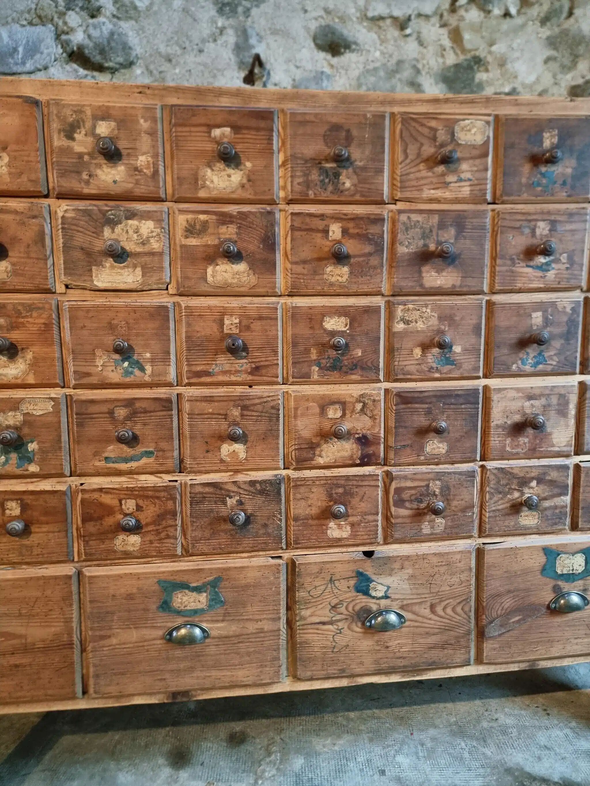 Antique pine drawer cabinet with 50 drawers, apothecary or hardware, 19th century