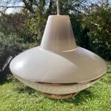 Space Age saucer pendant light, 1950s chandelier, in white and gold glass