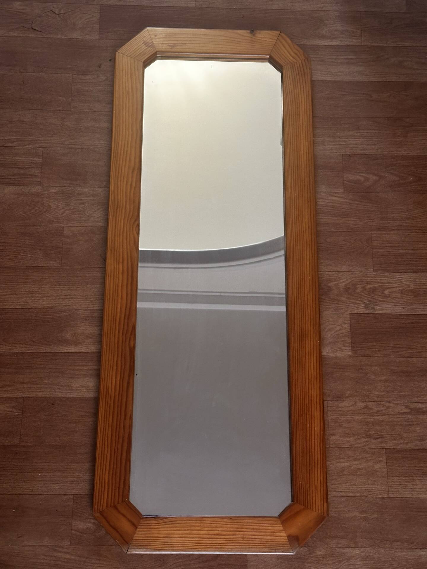 Large octagonal wall mirror in pine, 1970s – 103 × 40 cm