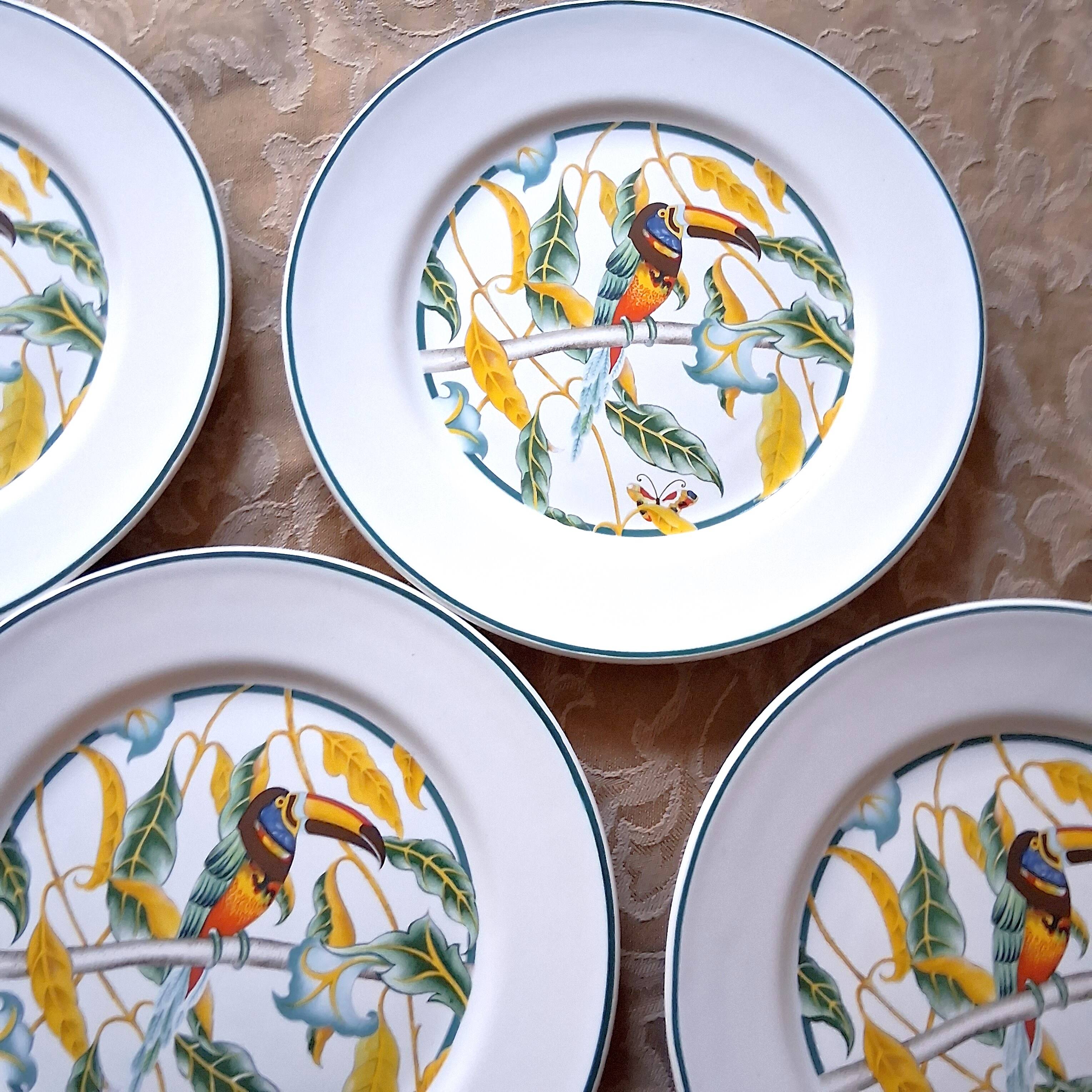 6 antique dessert plates with Toucan decor