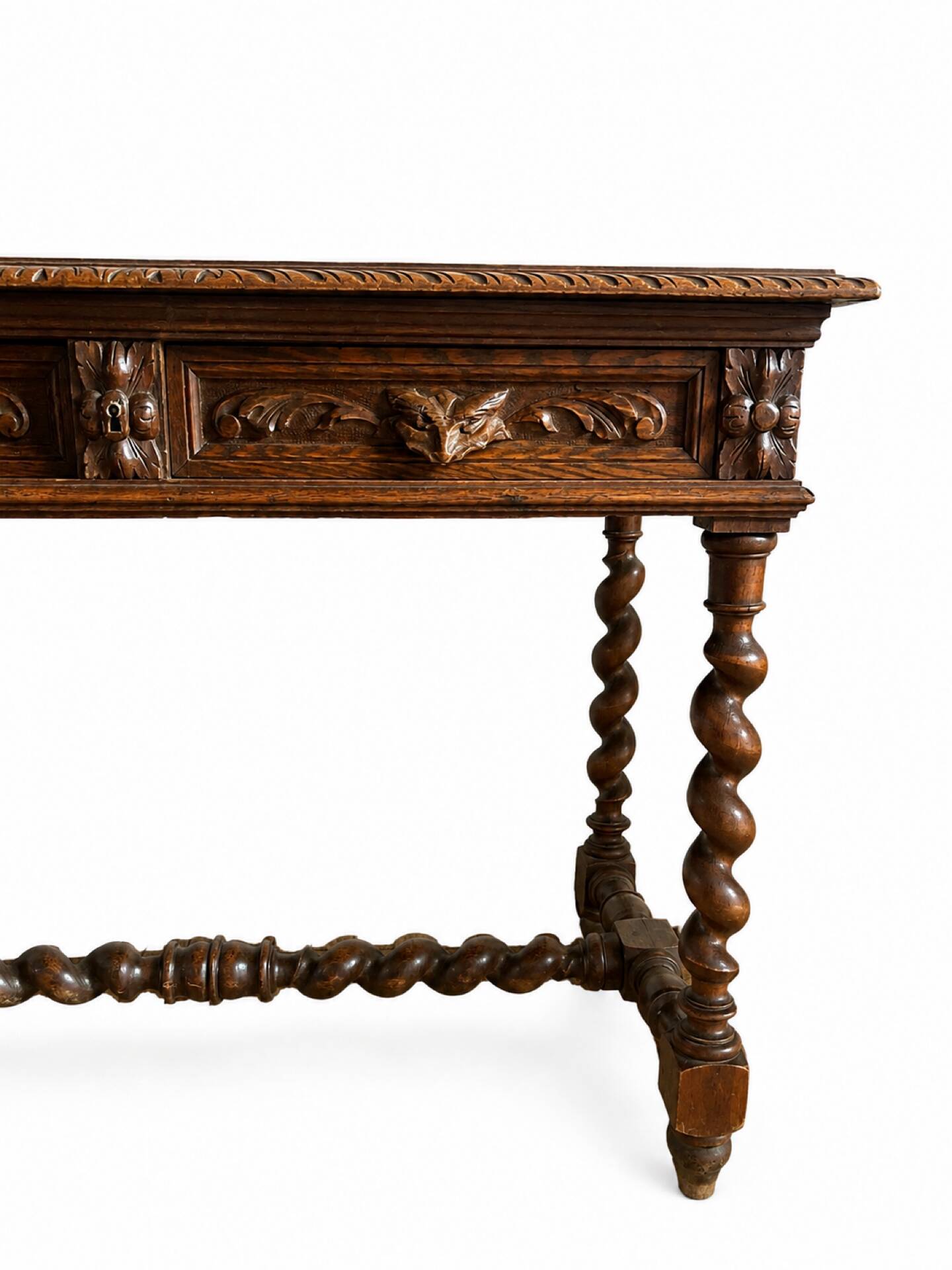 Louis XIII style desk in solid oak with twisted legs.