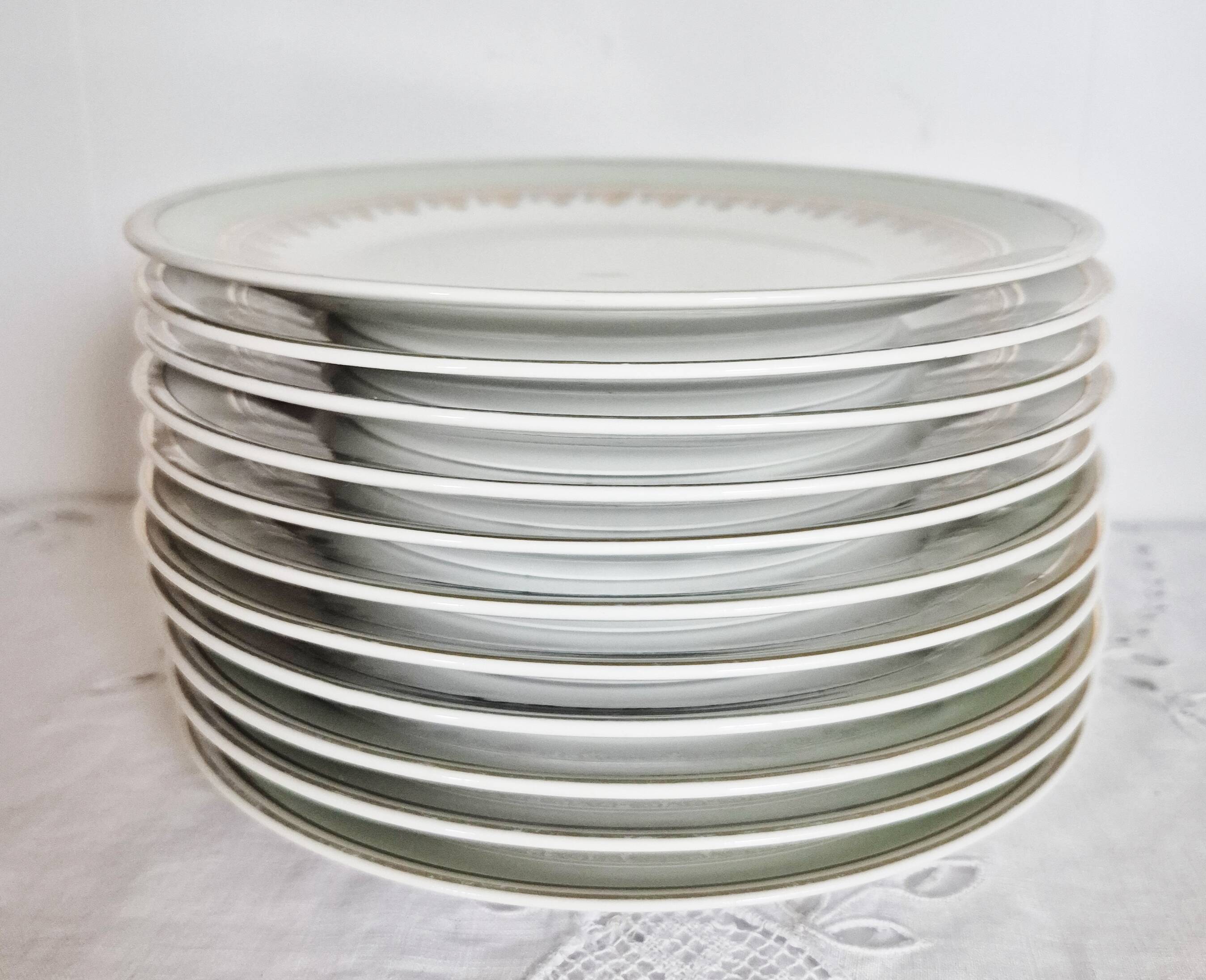 French porcelain dessert plates, green and gold.