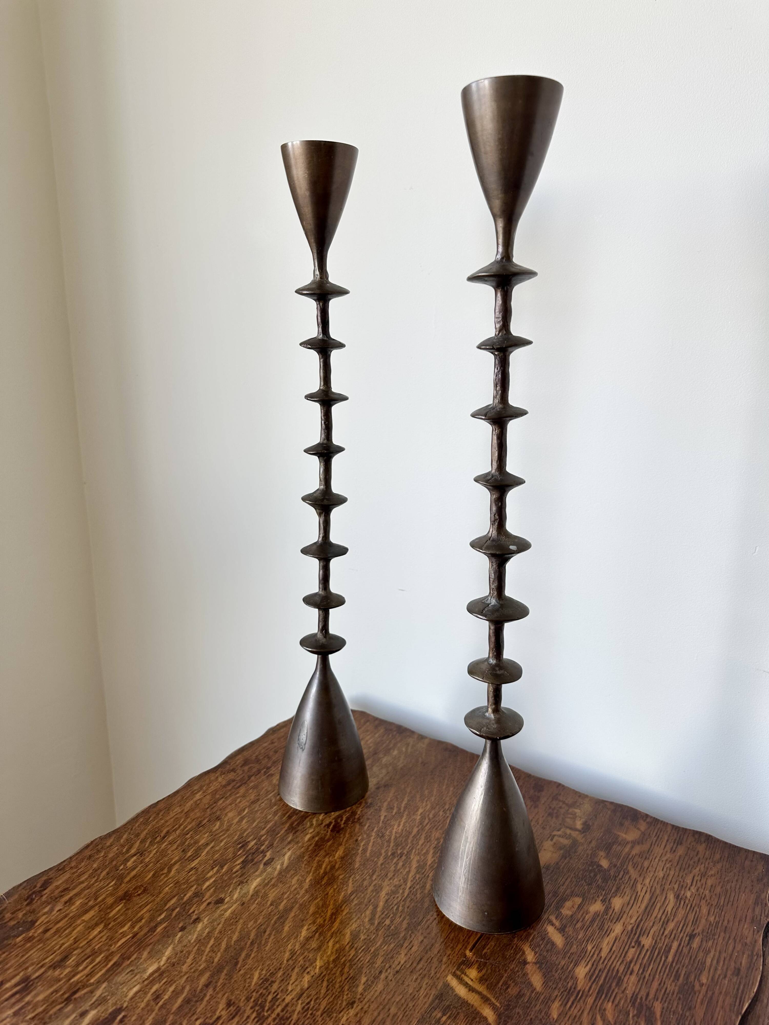 Vintage mid century brutalist hand forged brass candlesticks