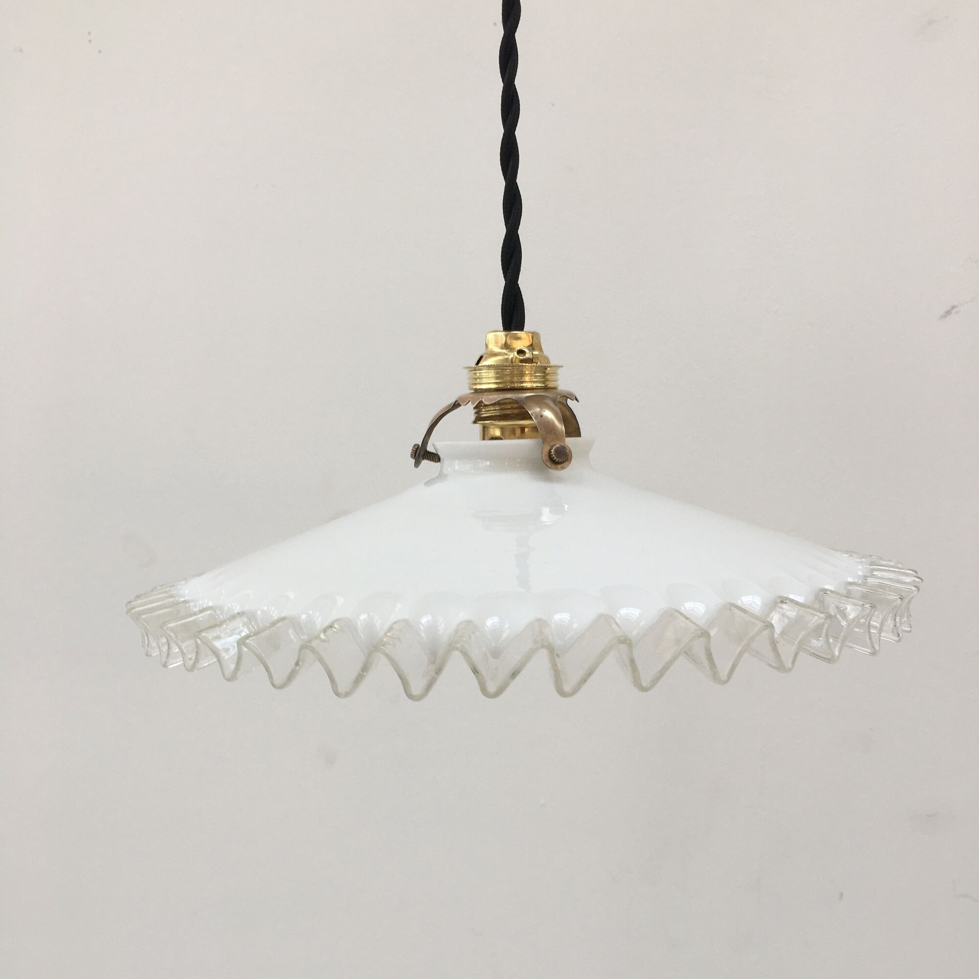 Pairs of vintage suspensions in white opaline with serrated edges