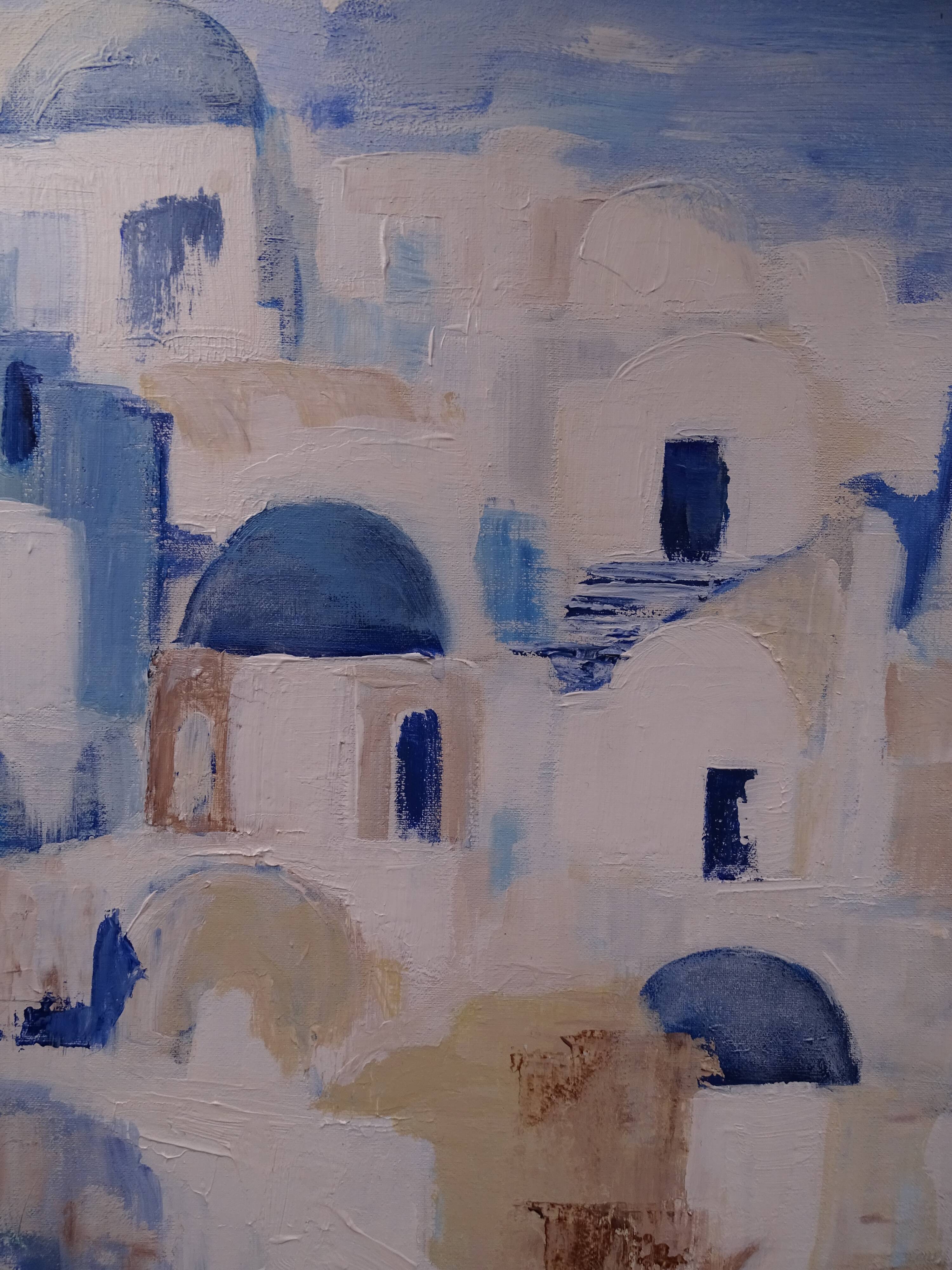 The Greek village - Pastel blue and ochre tones - Signed dated
