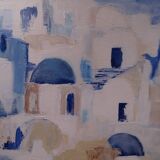 The Greek village - Pastel blue and ochre tones - Signed dated