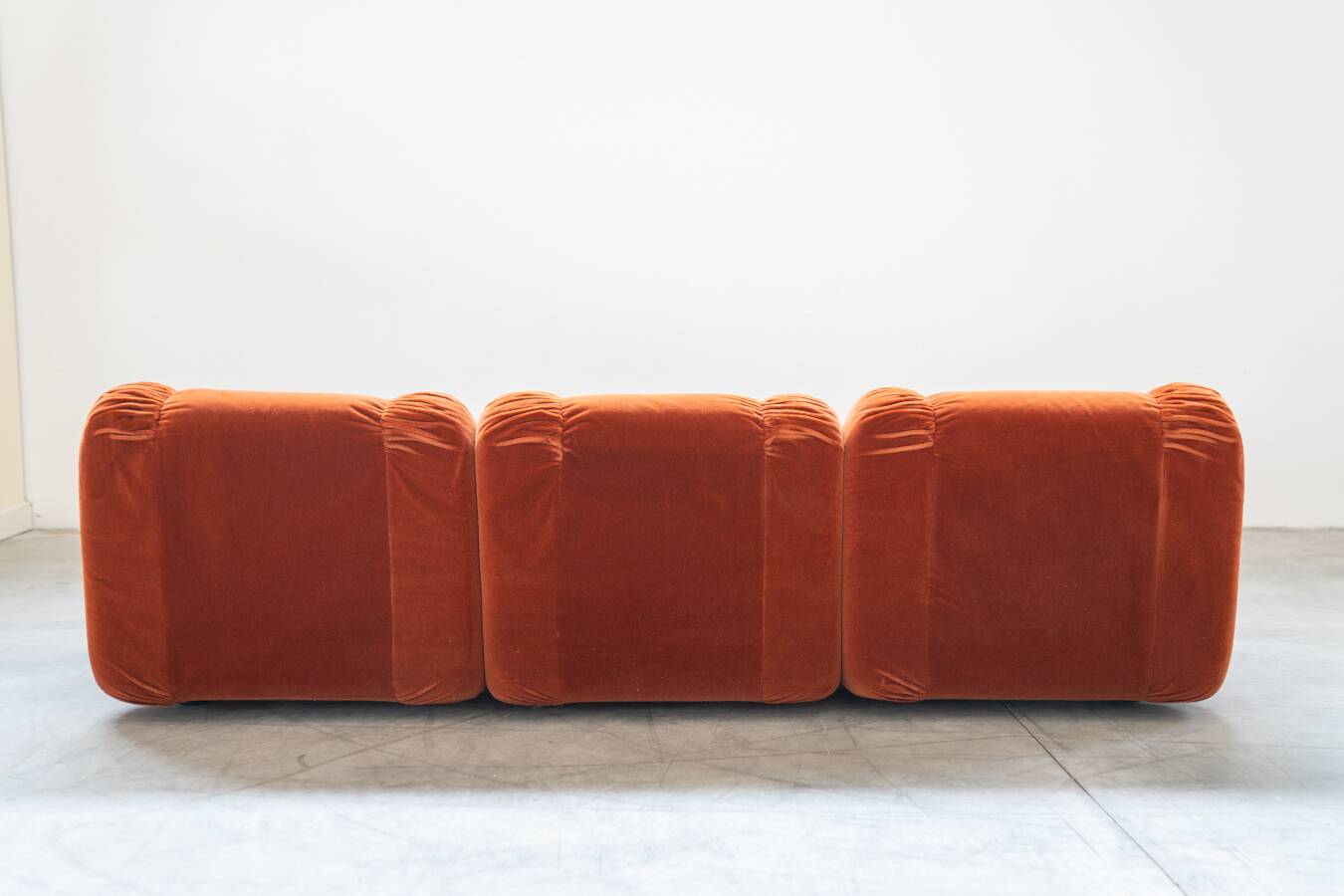 Orange chenille sofas, two and three seats, set of 2, 1970s