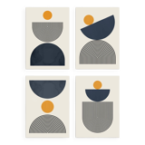 4 geometric art prints with circles and lines.