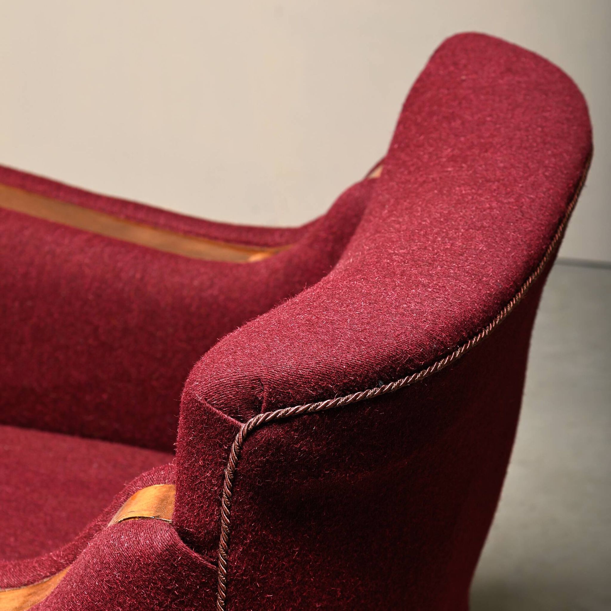 Pair Danish cabinetmaker Art Deco Armchairs in burgundy wool fabric
