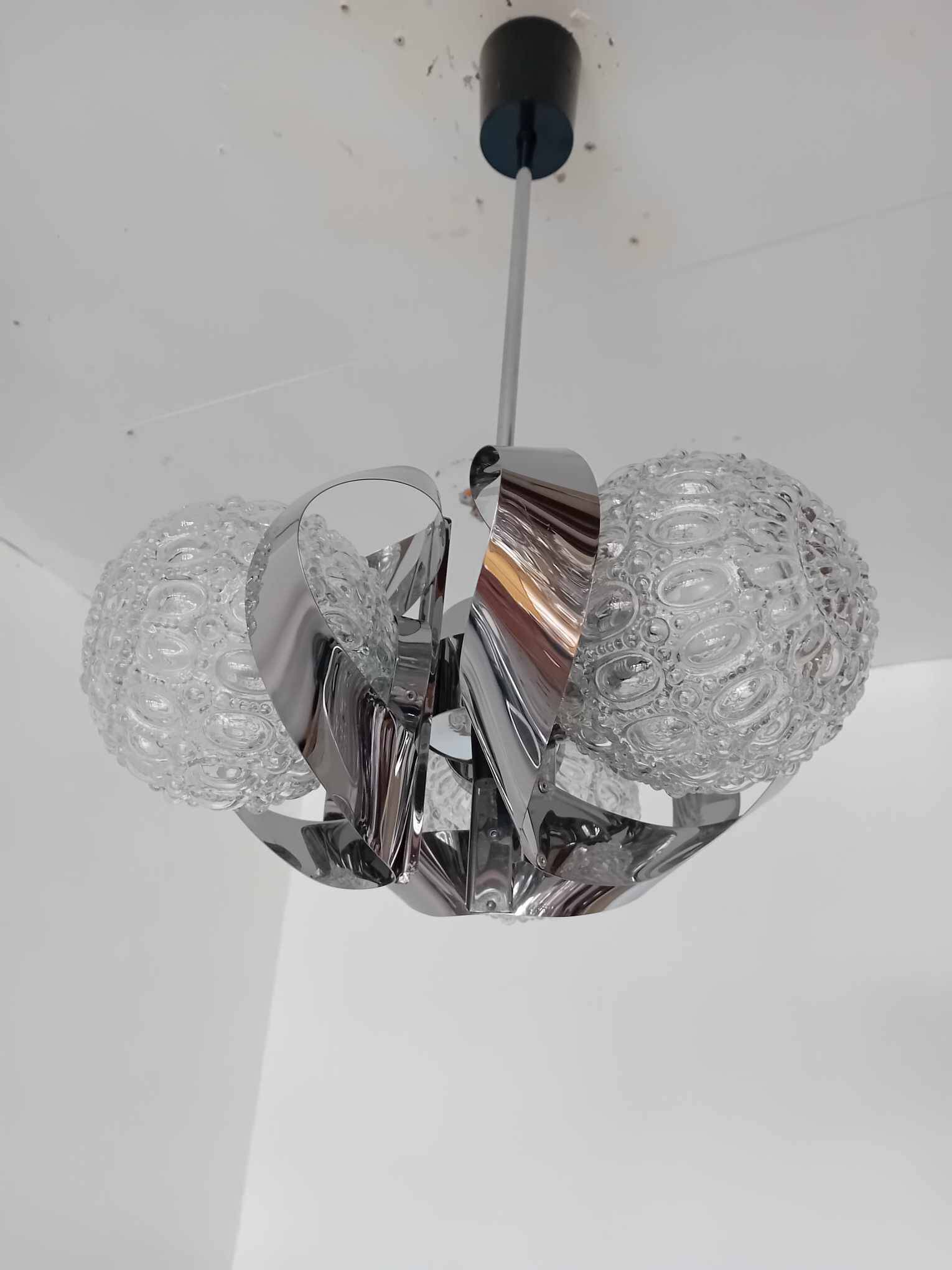 3 ball chandelier with stainless steel frame from the 70s Space Age