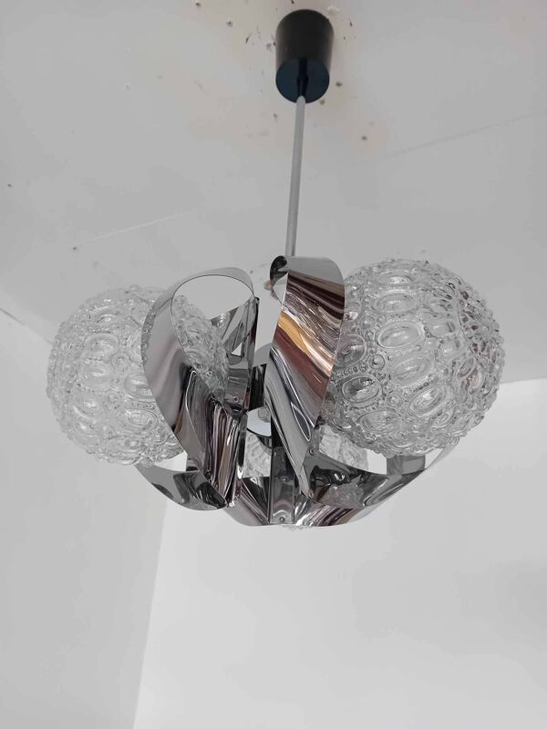 Lustre Space Age 3 feux en inox, années 70