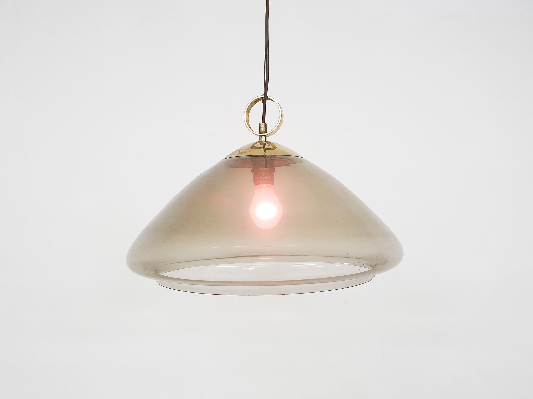 Mid-century smoked glass and brass pendant light