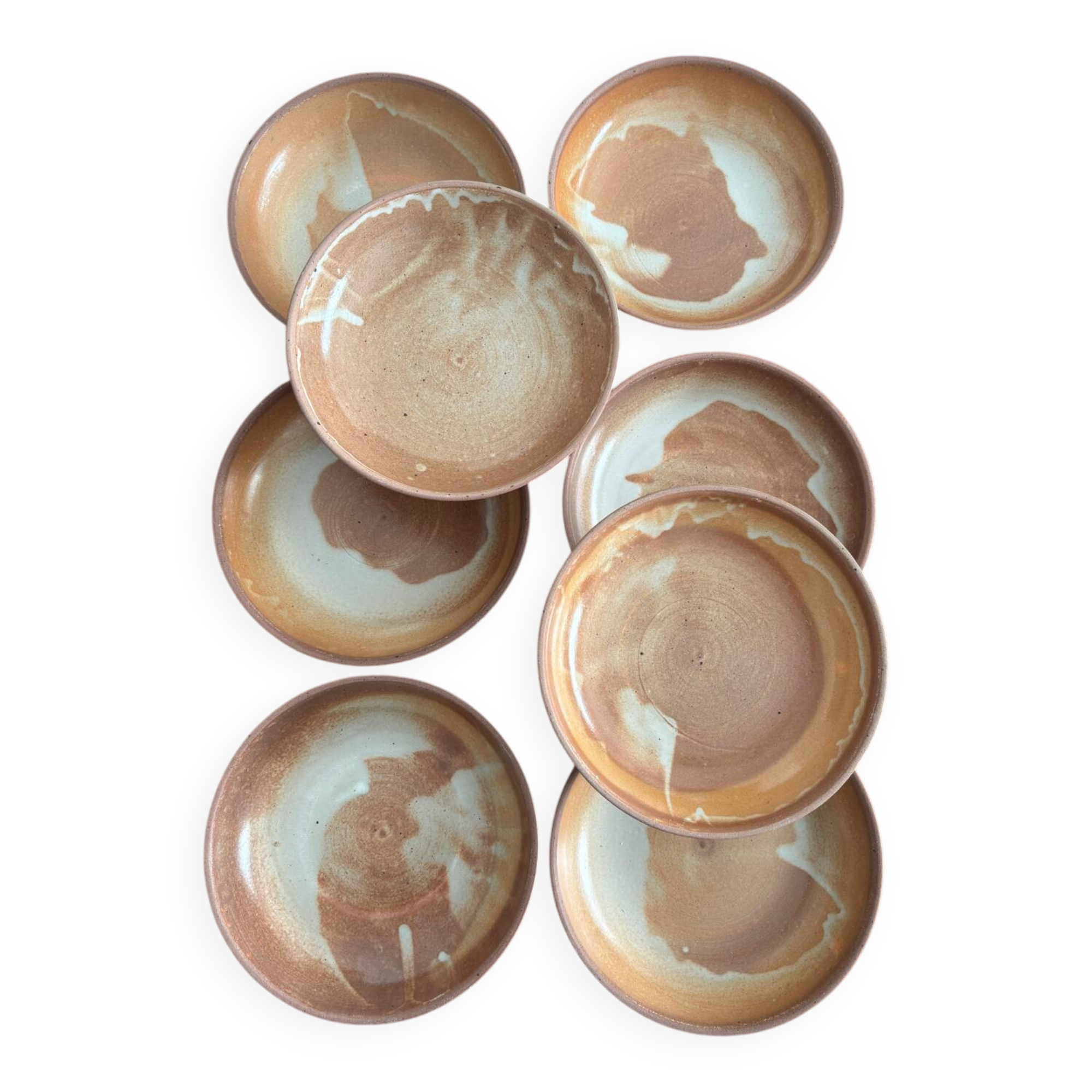 Lot of vintage 1970s stoneware deep plates - handmade beige ceramics.
