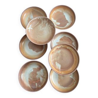 Lot of vintage 1970s stoneware deep plates - handmade beige ceramics.