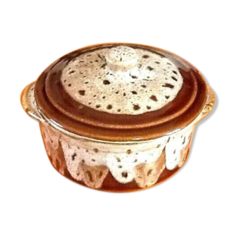 1960s ceramic effect "fat lava" round terrine with ears speckled brown glaze