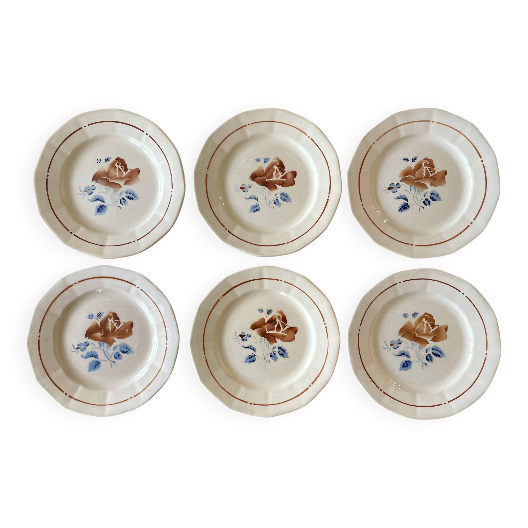 6 antique flat plates in Sarreguemines earthenware.