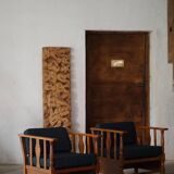 Art Nouveau, pair of oak lounge chairs, reupholstered in style fabric, 1920s.