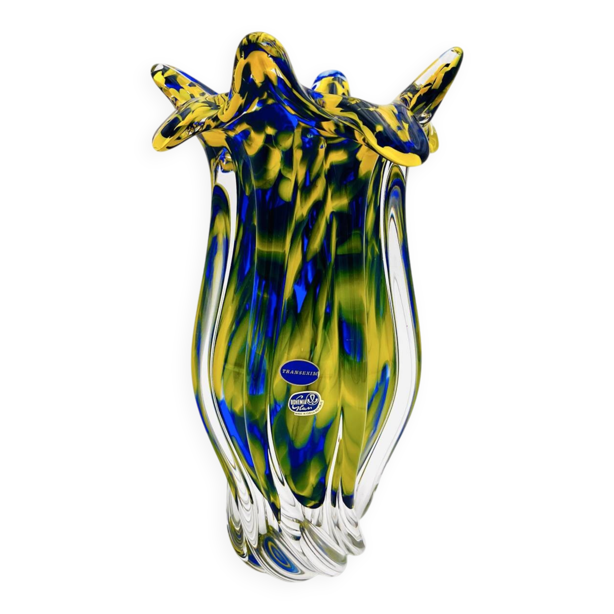 Vase Josef Hospodka Chřibská Macchia Blue Yellow Bohemian Glass 60s