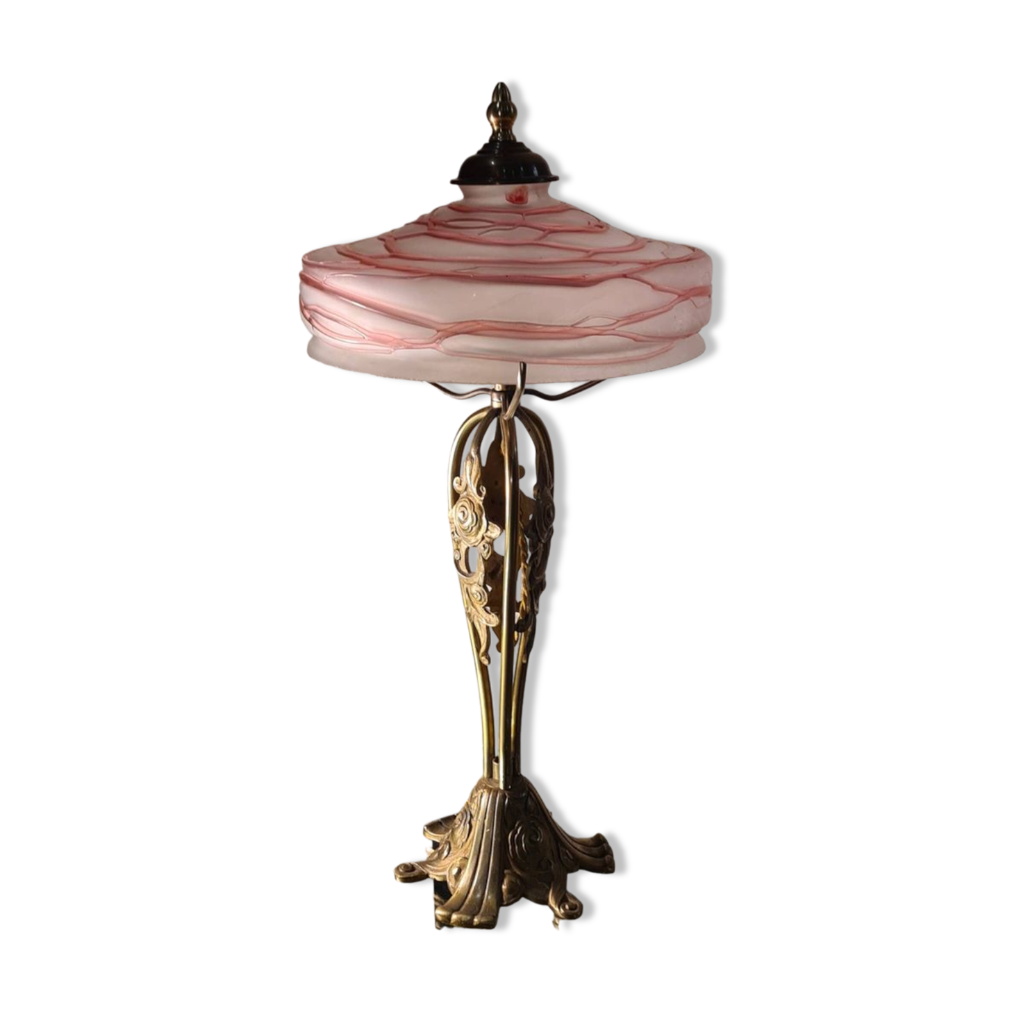 Austrian Art Nouveau bronze lamp with Loetz style art glass shade