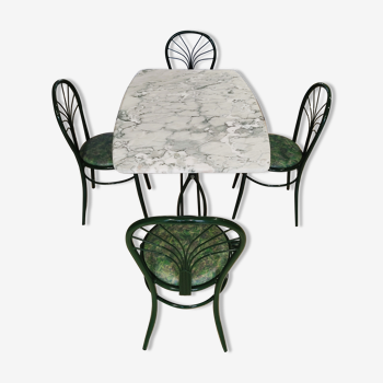 Marble dining table, green cast iron legs and 4 matching steel tube chairs imitation leather upholstery