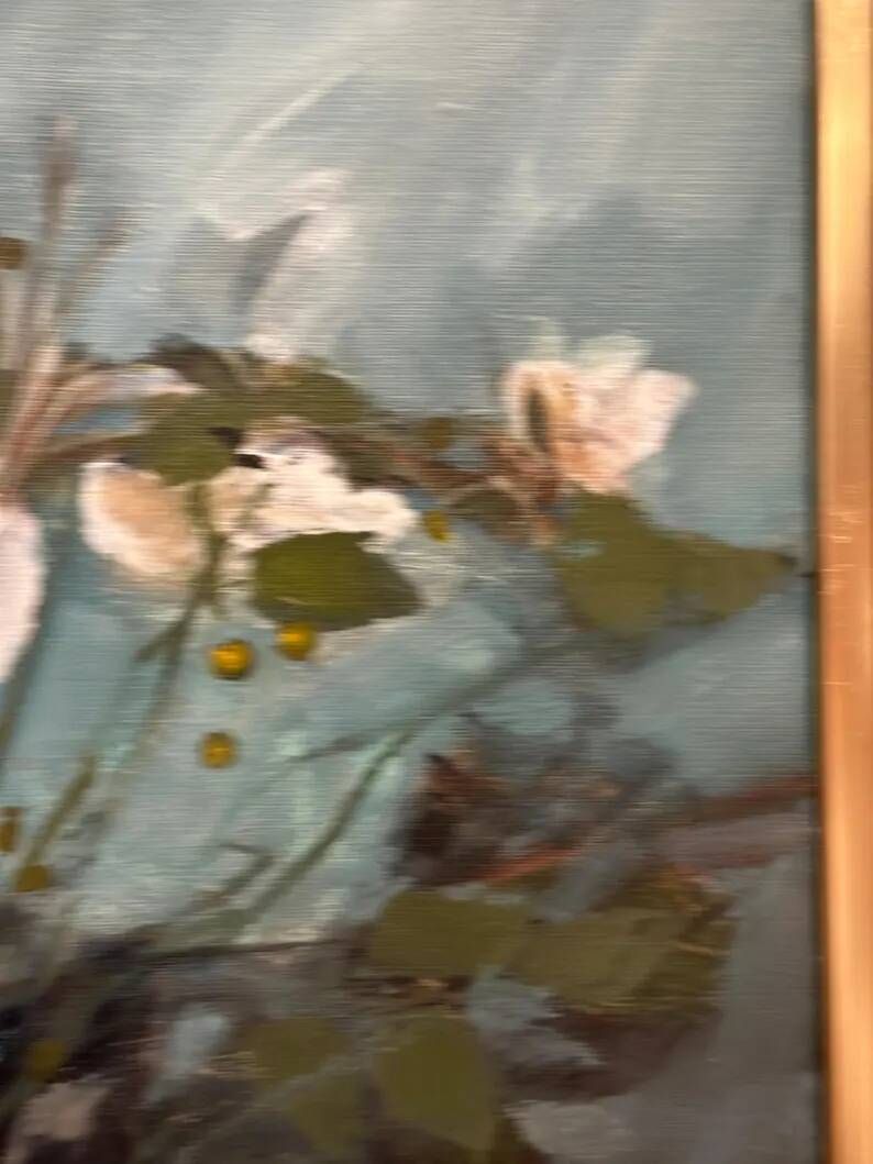 Original Swedish Oil on Canvas – “White Flowers” by M. Jakobsson – Signed – Vintage & Framed – 46 × 44 cm (18.1" × 17.3")