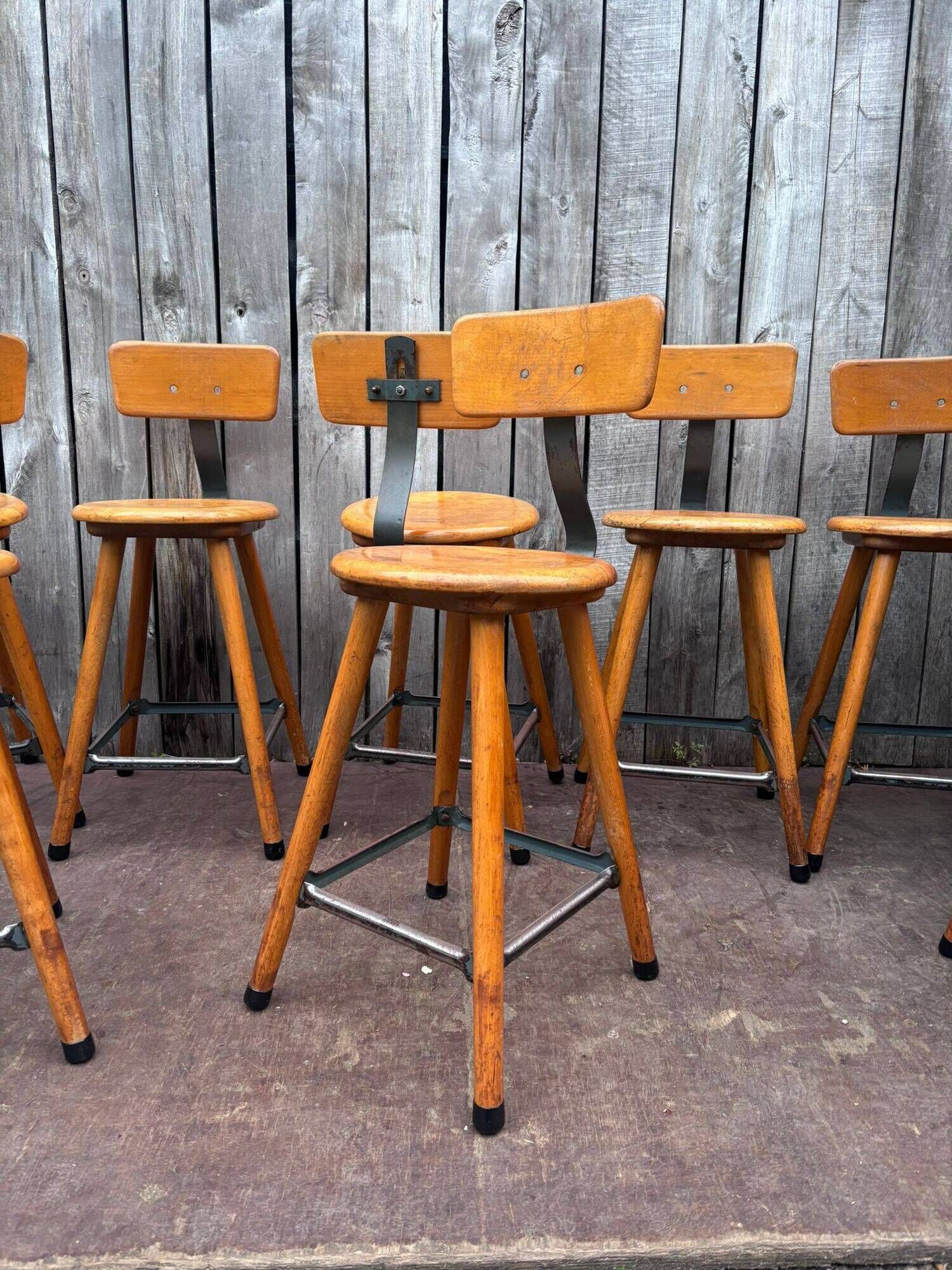 Vintage industrial workshop stool in wood, 1950s