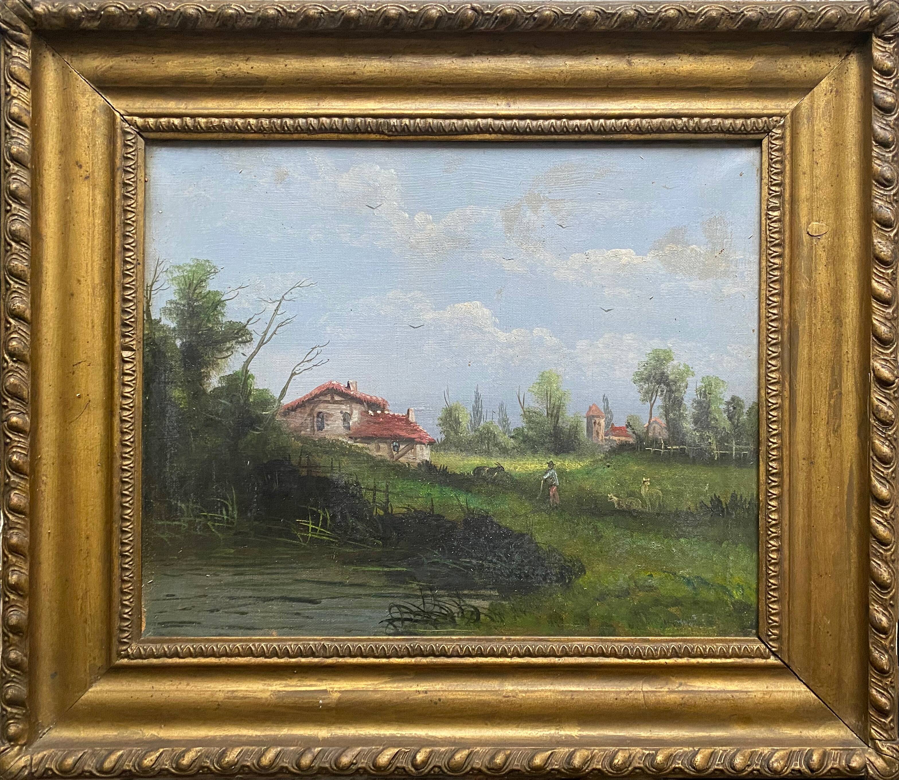 Hst painting "animated landscape at the pond and village" barbizon with nineteenth century frame