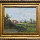 Hst painting "animated landscape at the pond and village" barbizon with nineteenth century frame