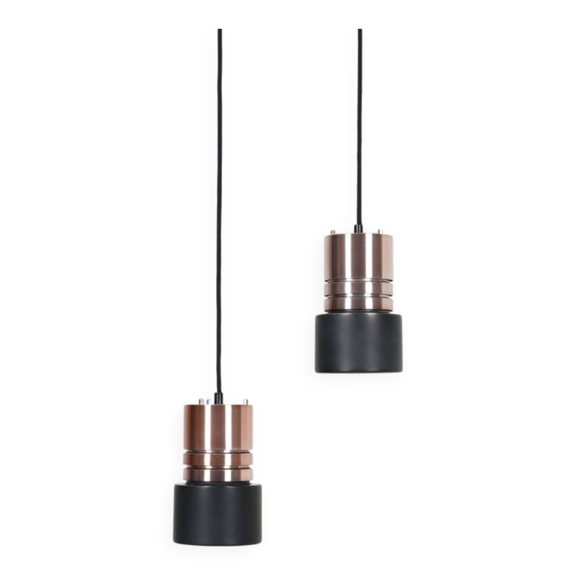 Set of 2 space age pendant lamps / Mid-century Danish modern design / Aluminum / Copper / 1960s / 1970s