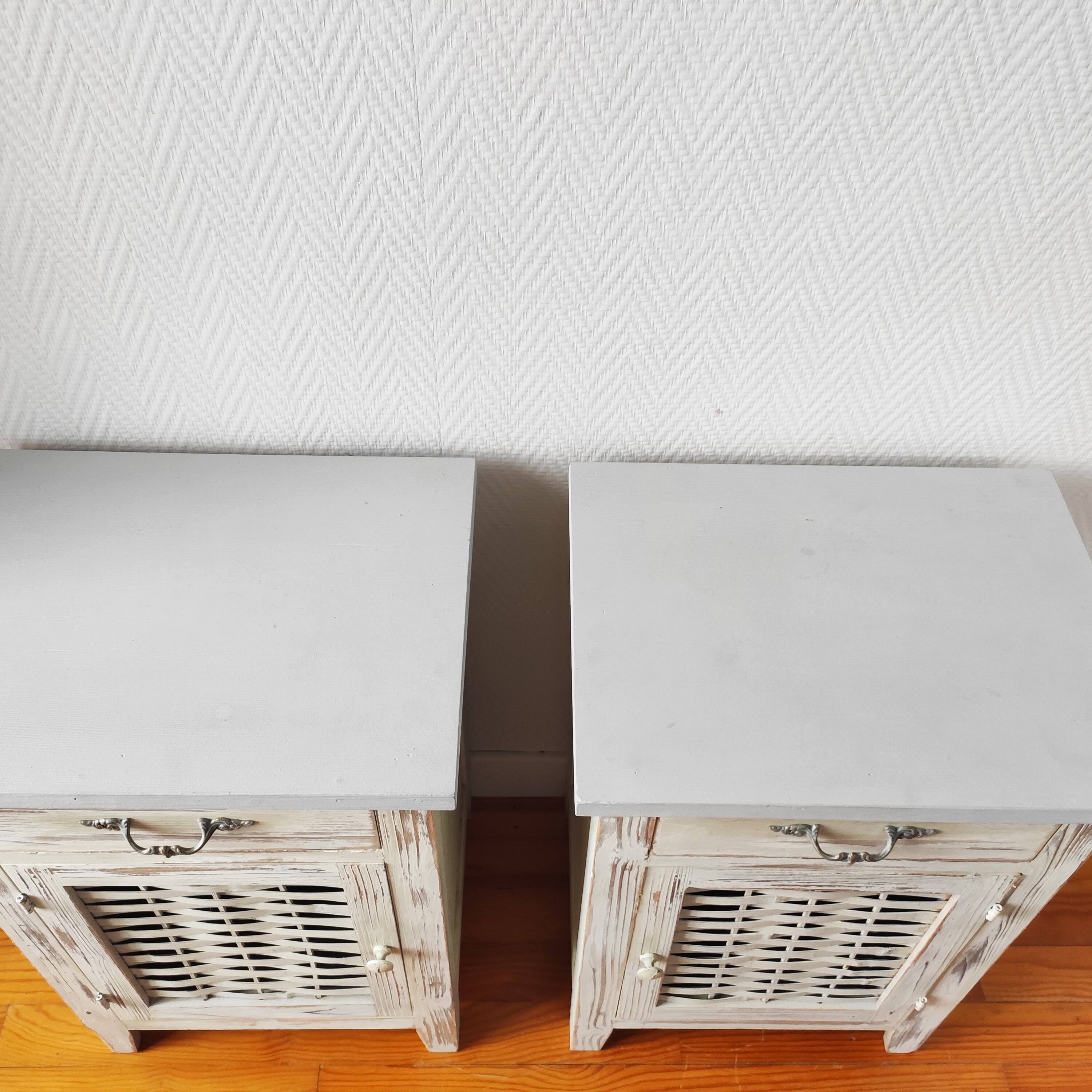 Pair of patinated bedside tables and end tables