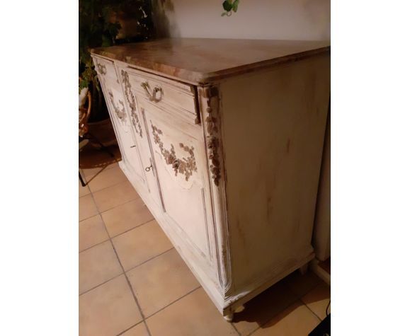 Sideboard 2 doors and 2 drawers with floral decorations, white patinated furniture